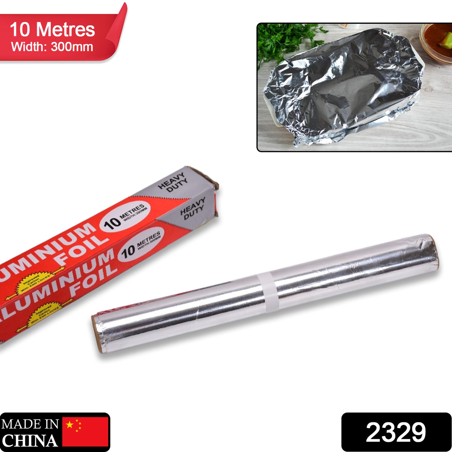 Wukusy 2329 heavy-duty aluminum foil roll, non-stick, thick kitchen tool for baking and grilling, 10m x 300mm length.