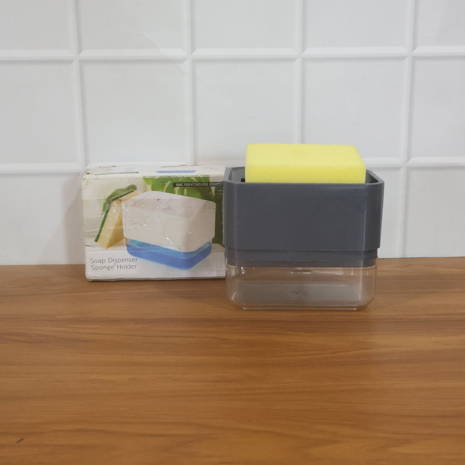 Wukusy soap dispenser with sponge holder set, white plastic bathroom countertop organizer with pump and built-in sponge tray
