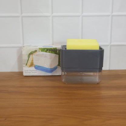 Wukusy soap dispenser with sponge holder set, white plastic bathroom countertop organizer with pump and built-in sponge tray