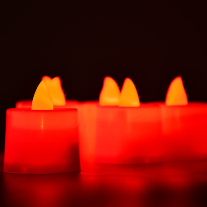 Set of six Wukusy red flameless LED tealights with smokeless plastic design, perfect for home decor and decorative lighting.