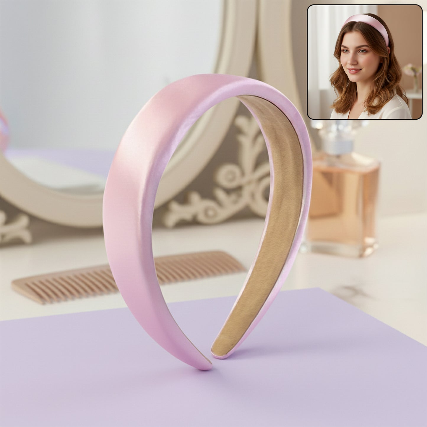 Elegant padded satin finish hairband by Wukusy, featuring a smooth, padded design perfect for stylish hair accessories.