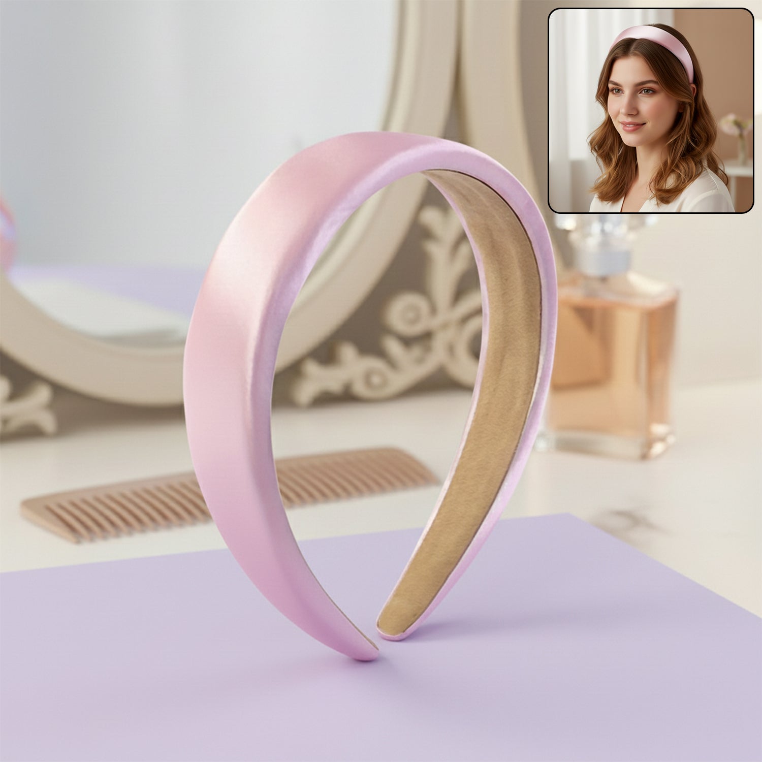 Elegant padded satin finish hairband by Wukusy, featuring a smooth, padded design perfect for stylish hair accessories.