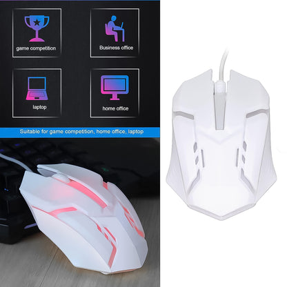 Wukusy USB wired gaming mouse with colorful luminous lighting, white body, ergonomic design, and adjustable DPI for precise control.