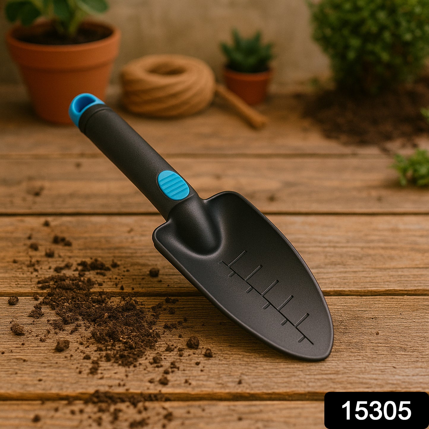 Wukusy plastic heavy-duty garden hand trowel with measurement marks, ideal for planting and gardening tasks.