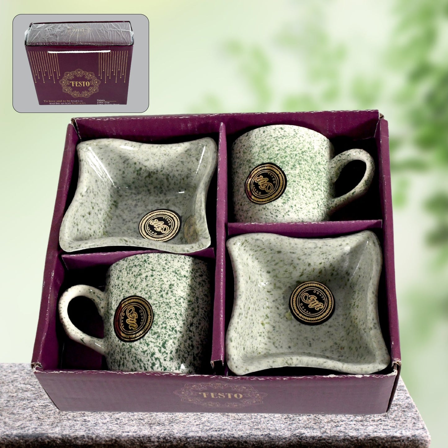 Wukusy ceramic tea cups and mugs set with snacks serving bowl, including milk and coffee cups, for household or outdoor use.
