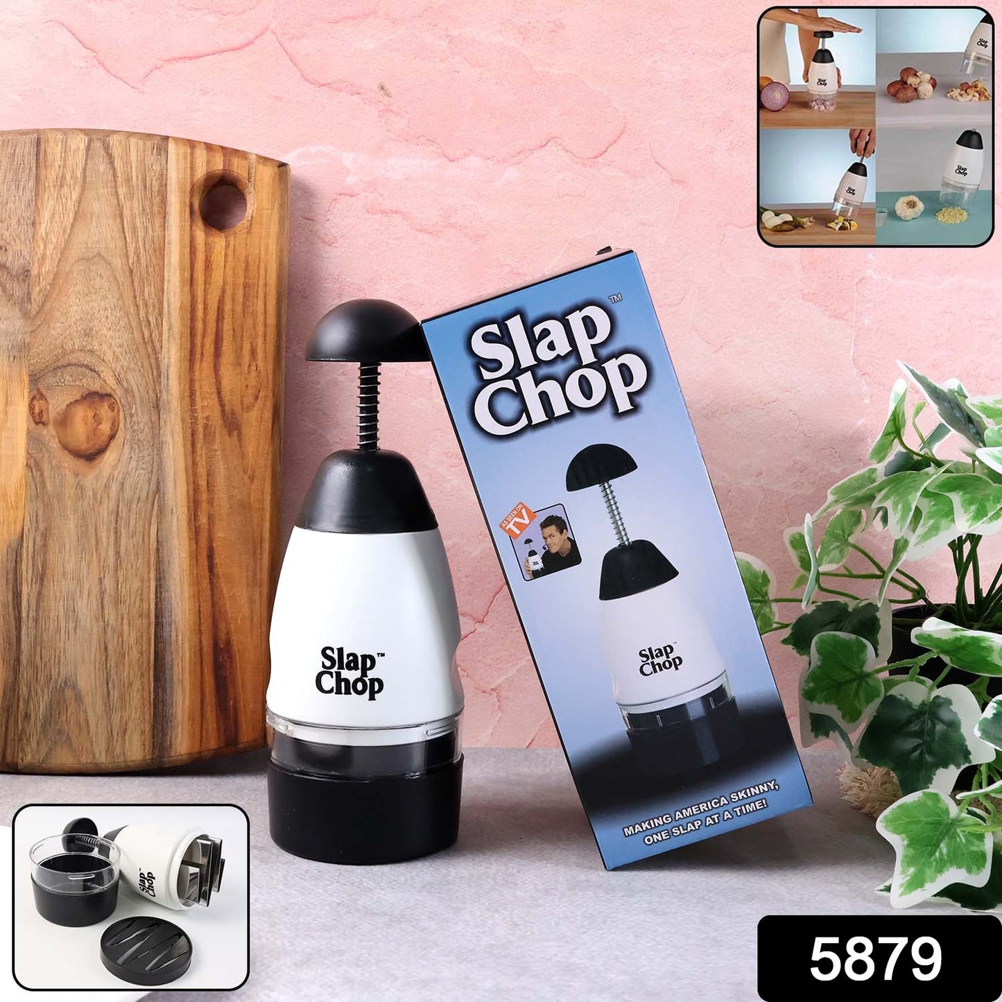 Wukusy Slap Chop hand press vegetable and fruit chopper on a kitchen countertop, showing its compact design and chopping blades.