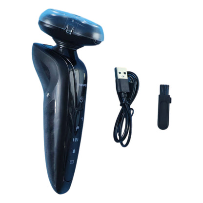 Wukusy rechargeable electric rotary shaver trimmer for men with multiple heads and ergonomic handle, ready for grooming.