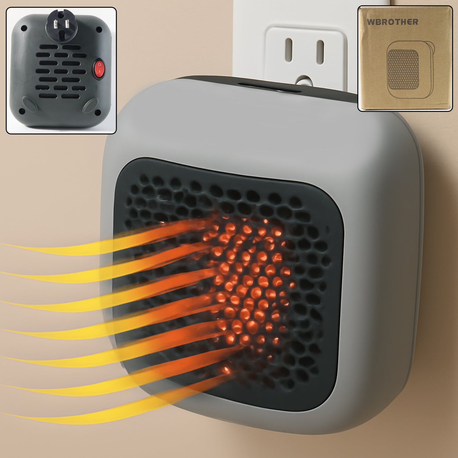 Wukusy 600W wall-mounted plug-in room heater for office, with converter, mounted on wall for space-efficient heating.