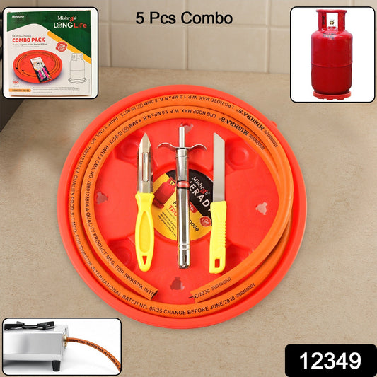 Wukusy Mishras 5-piece LPG kitchen combo set with gas pipe, cylinder trolley, knife, lighter, and peeler, all arranged on a kitchen countertop.