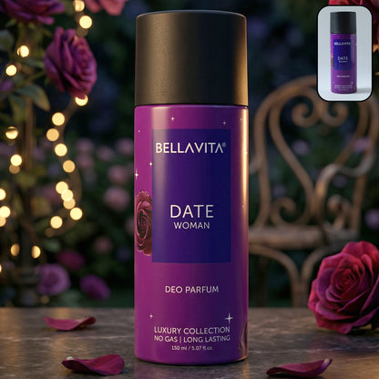 Wukusy Bellavita Date Woman Deo Perfume Body Spray 150ml with floral and fruity fragrance, spray bottle with decorative design