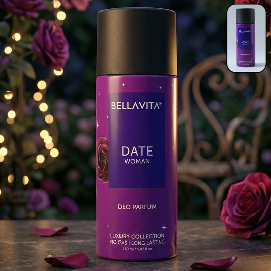 Wukusy Bellavita Date Woman Deo Perfume Body Spray 150ml with floral and fruity fragrance, spray bottle with decorative design