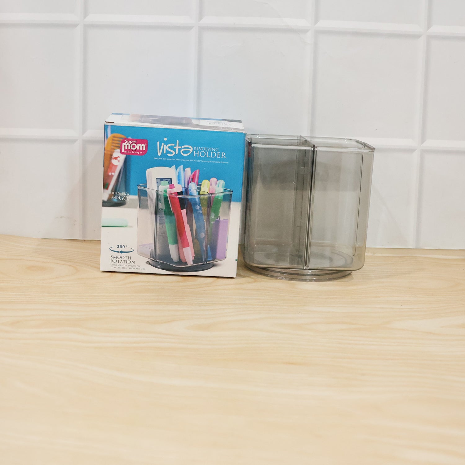 Wukusy Supermom Vista revolving pen holder with 360° rotating design, made of durable materials, featuring multiple compartments for stationery.