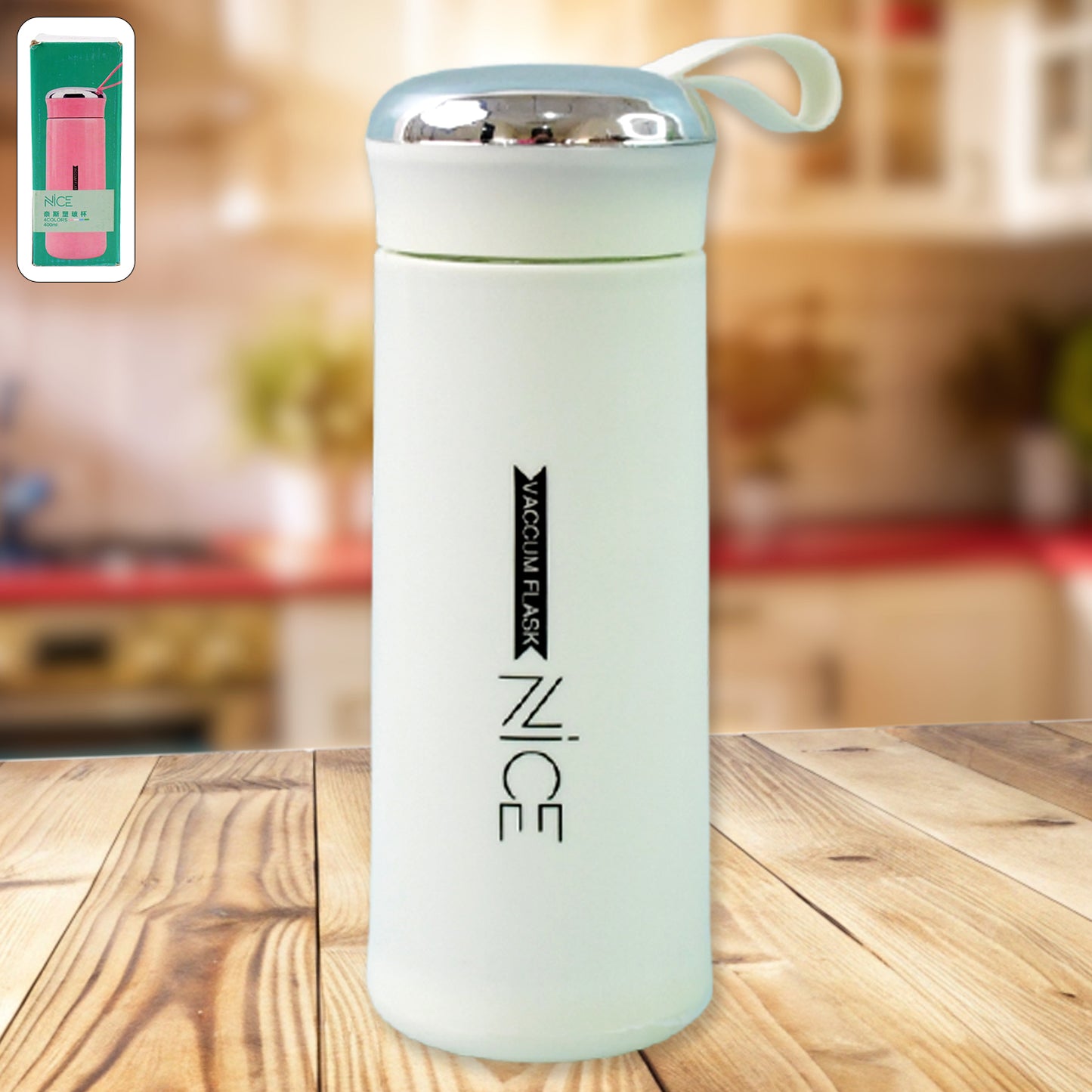 White 400ml Wukusy leak-proof glass water bottle for gym and children, featuring daily water intake markings.