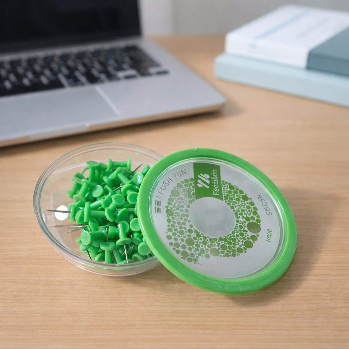 Set of 70 heavy-duty plastic head push pins by Wukusy, arranged in a container, for securing papers and lightweight materials.