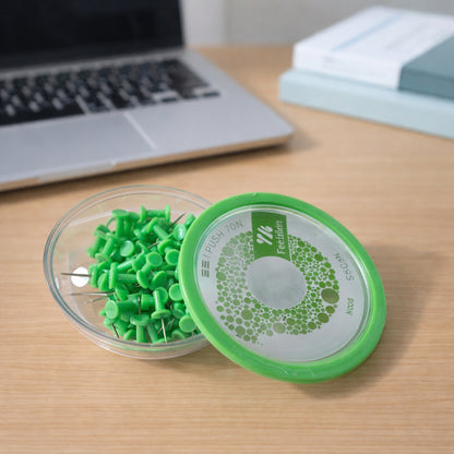 Set of 70 heavy-duty plastic head push pins by Wukusy, arranged in a container, for securing papers and lightweight materials.