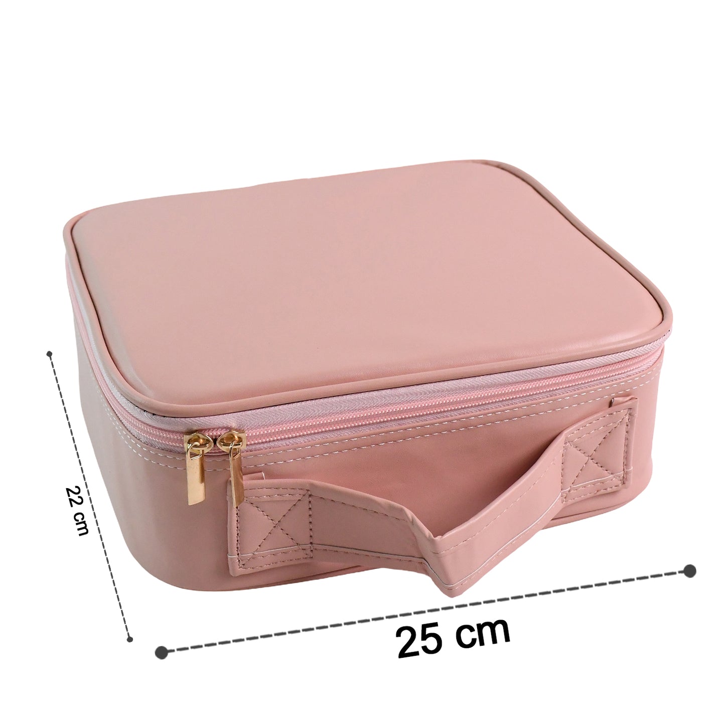 Pink Wukusy LED light makeup organizer box with compartments for cosmetics and brushes, illuminated for easy access.