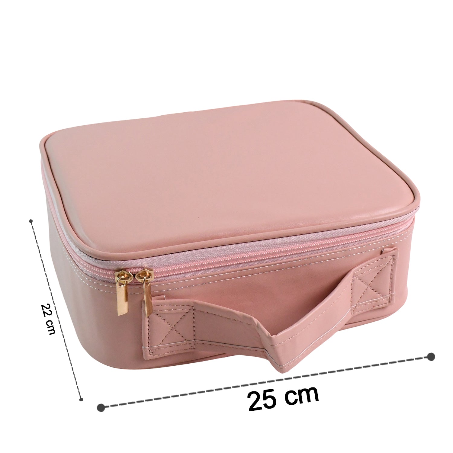 Pink Wukusy LED light makeup organizer box with compartments for cosmetics and brushes, illuminated for easy access.