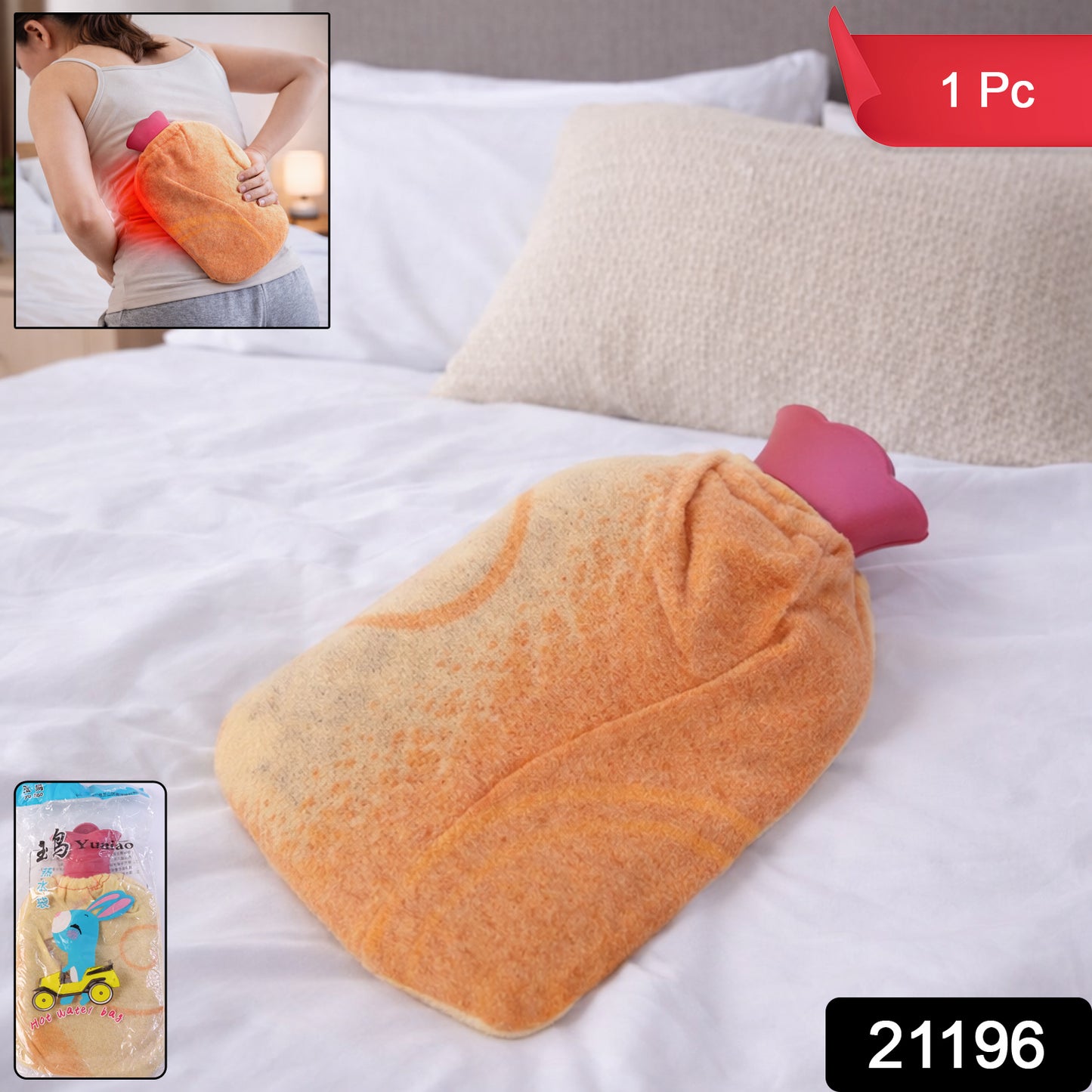 Wukusy reusable hot water bag with soft fabric cover, shown filled and ready for use, ideal for soothing warmth and comfort.
