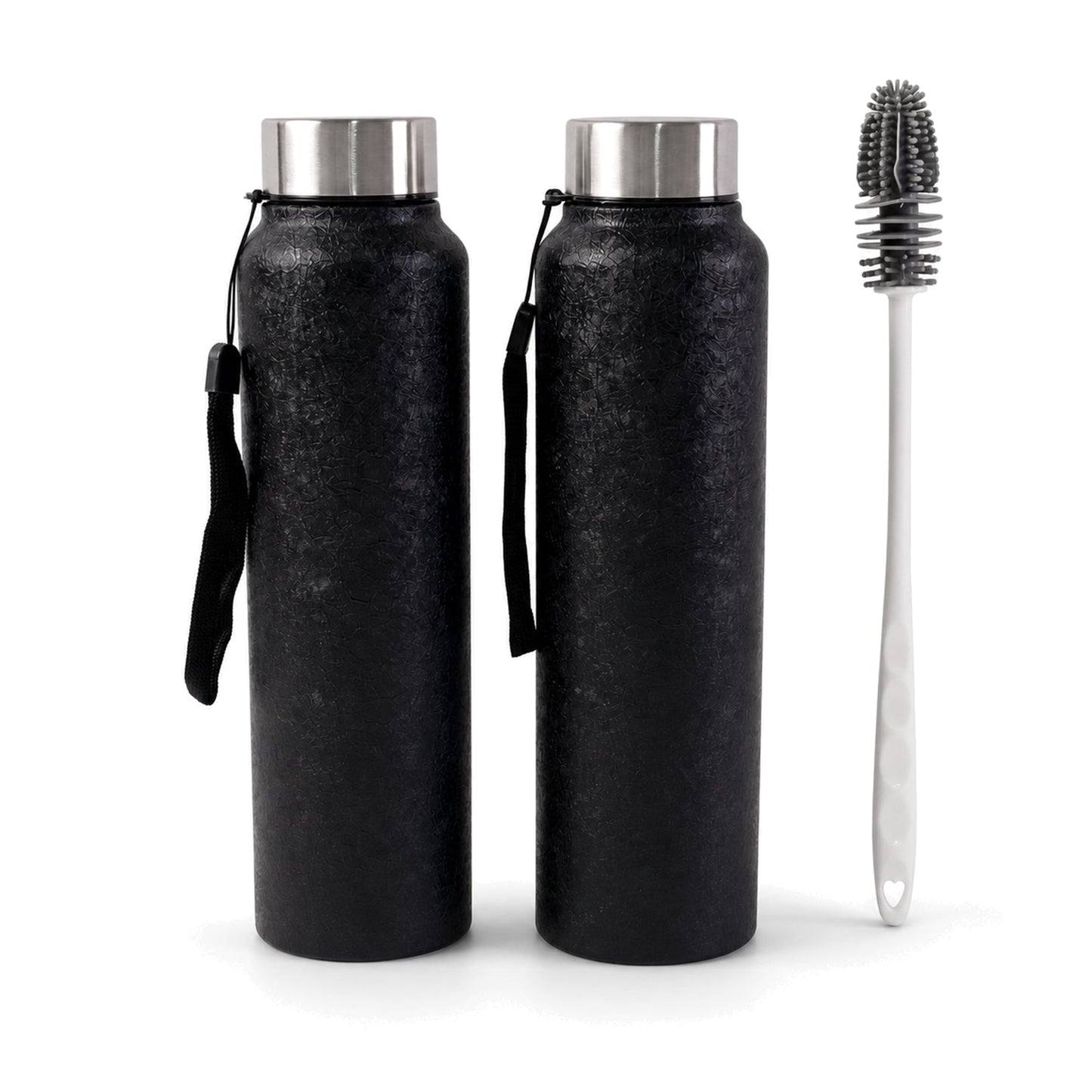 Stainless steel Wukusy water bottle with free cleaning brush, shown with lid and sleek design on a neutral background.