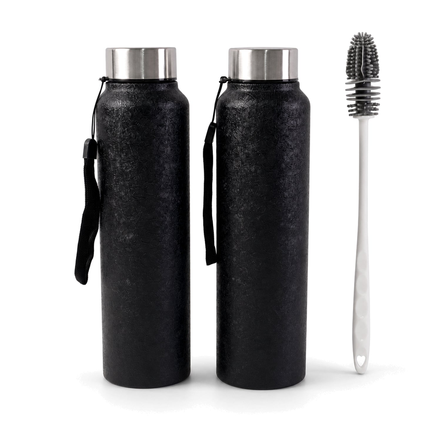 Stainless steel Wukusy water bottle with free cleaning brush, shown with lid and sleek design on a neutral background.