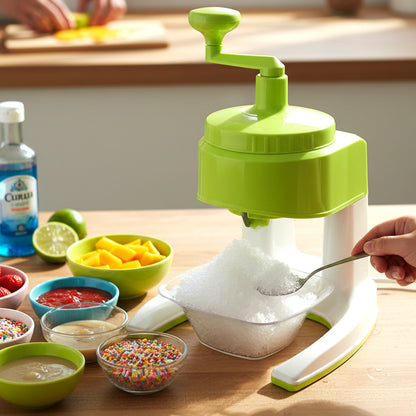 Wukusy manual hand crank ice crusher machine with colorful finish, used for crushing ice into snow for drinks and desserts.