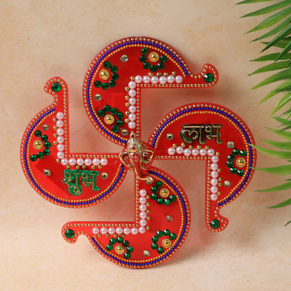 Acrylic Swastik Shubh Labh wall hanging for home decor, featuring traditional Indian symbols in vibrant colors by Wukusy.
