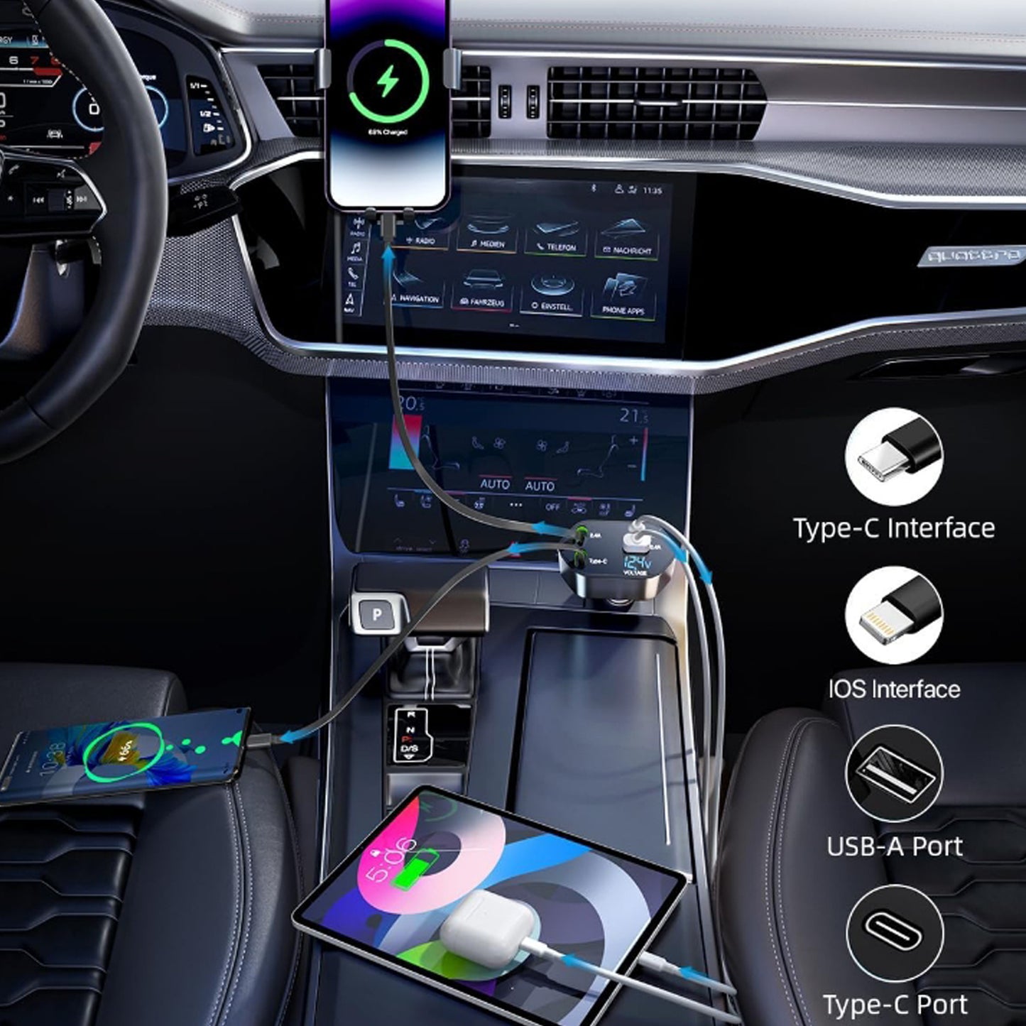 Wukusy 4-in-1 super fast car charger with dual USB ports and built-in cables, designed for mobile devices and on-the-go charging.