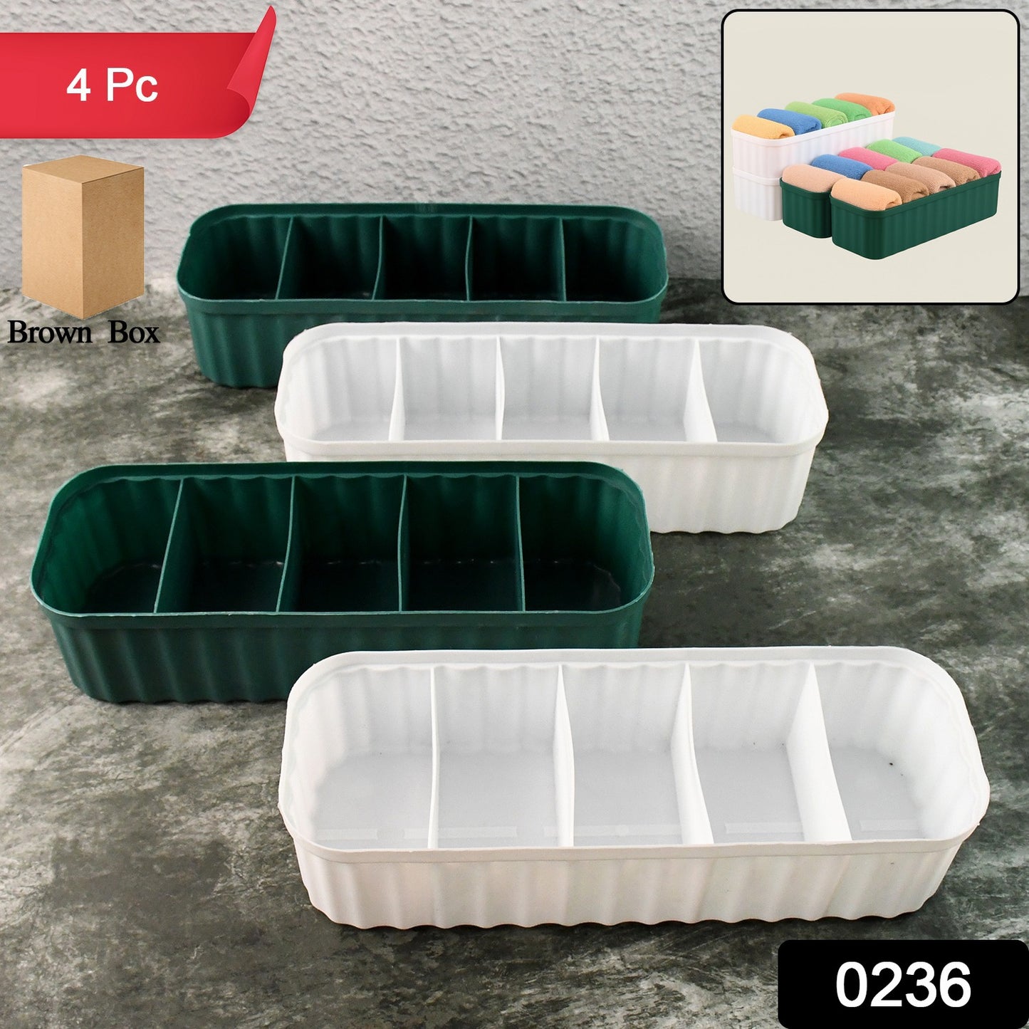 Wukusy 4-pack sock and underwear storage boxes with 5 compartments each, designed for closet drawer organization.