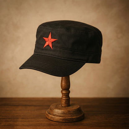 Red star military style cap by Wukusy, classic design with adjustable strap, featuring a bold red star emblem on the front.