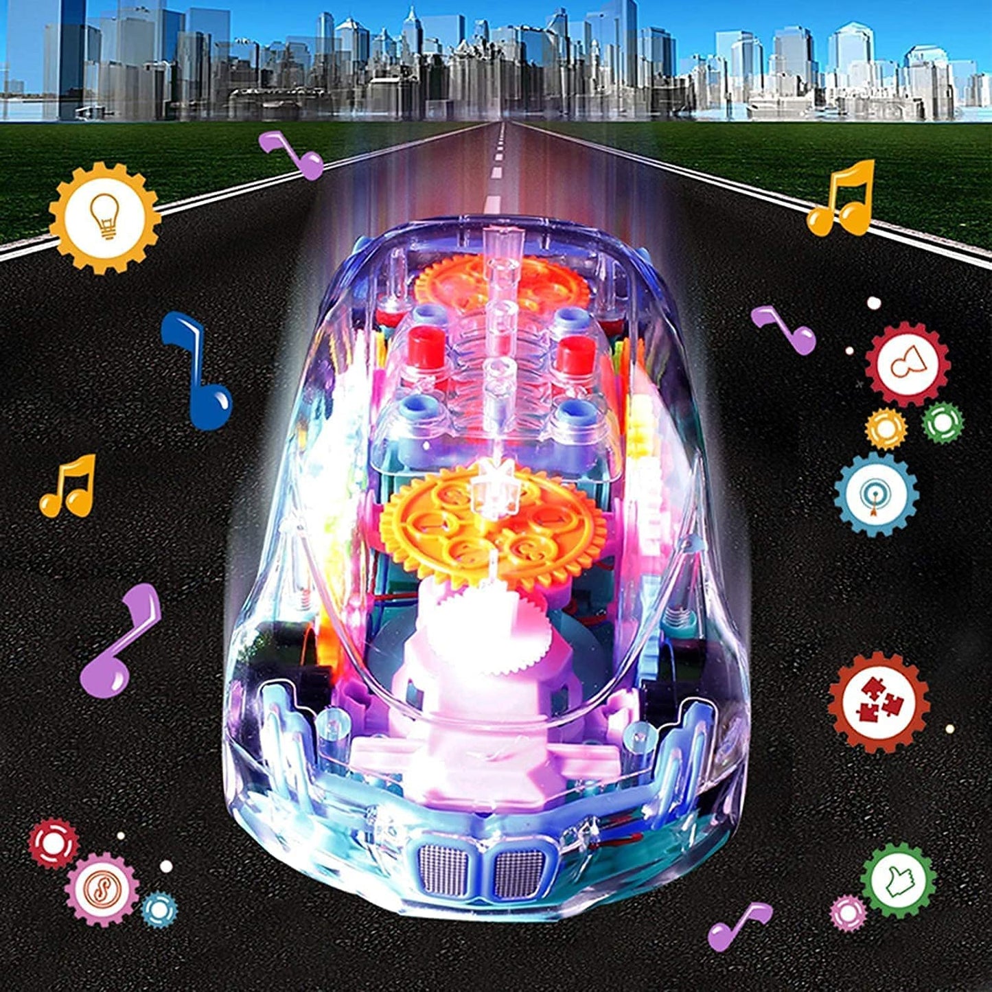 Wukusy 360° rotating transparent gear concept car toy with musical and 3D flashing lights for kids, multicolor, battery not included