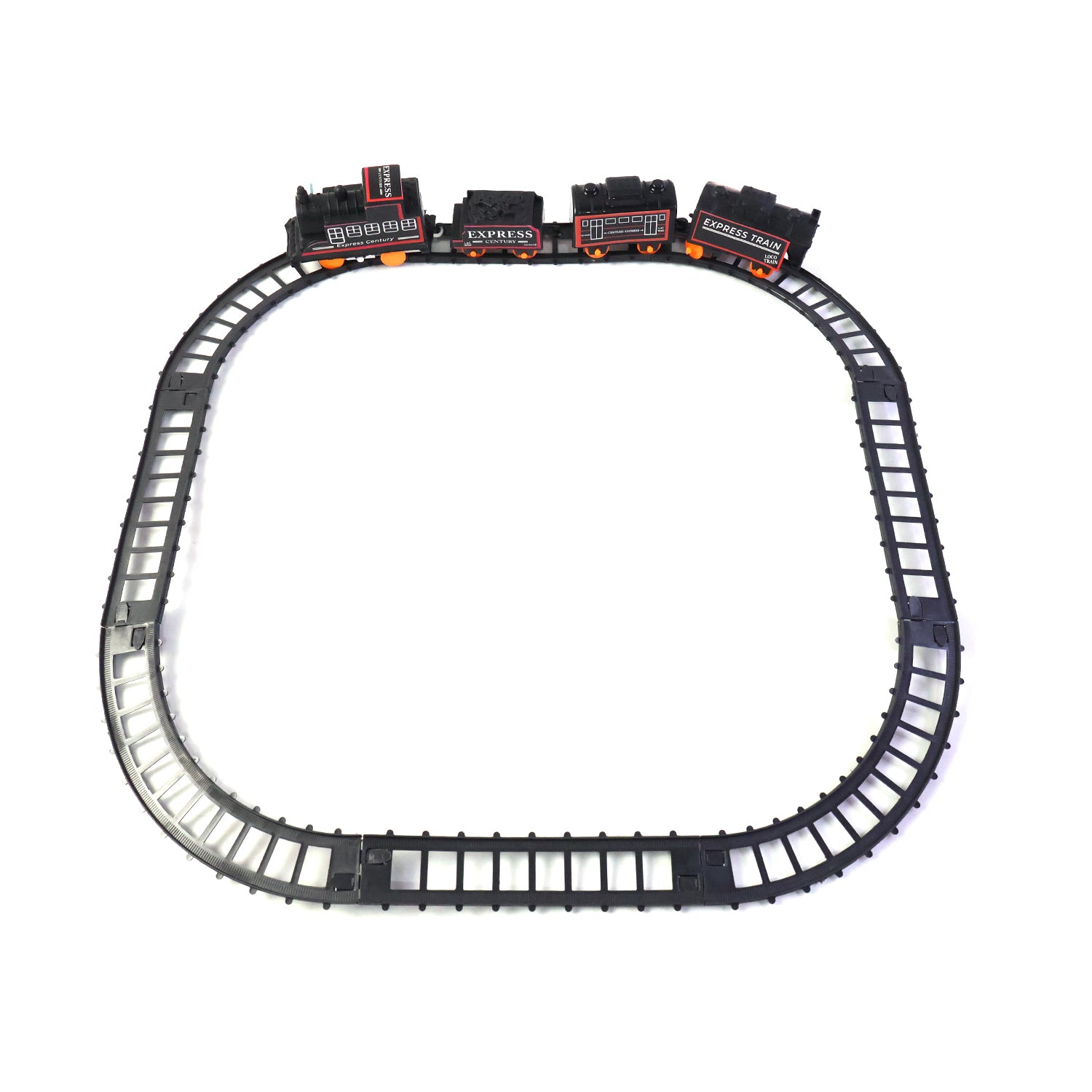 Wukusy Battery Opera Express Train Track Play Set with lights and sounds, featuring colorful train, tracks, and accessories for kids.