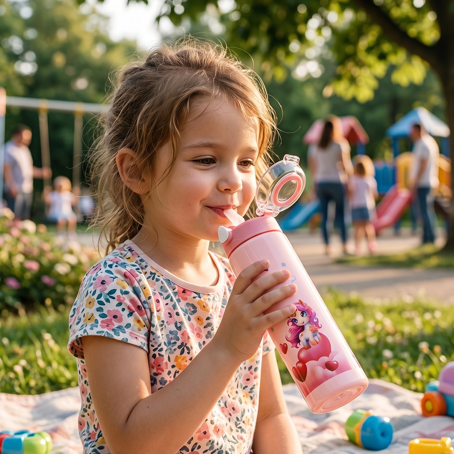 Wukusy kids water bottle with cartoon print, flip top lid, straw, 500ml capacity, colorful and child-friendly design