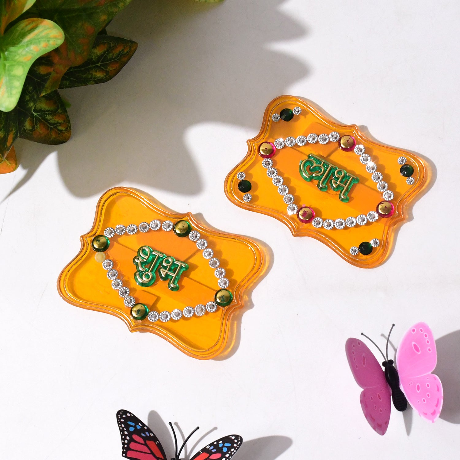 Wukusy Shubh Labh decorative wall hangings set of 2 for home decor, featuring intricate traditional design in warm tones.