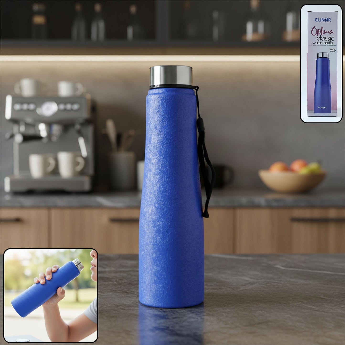 Blue Wukusy stainless steel water bottle, 1000 ml capacity, with a sleek design and secure lid.