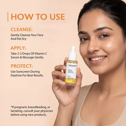 Drpshippr Proskire 10% Vitamin C Serum with ferulic acid in a 30 ml bottle, designed for dark spots, pigmentation, and glowing skin.