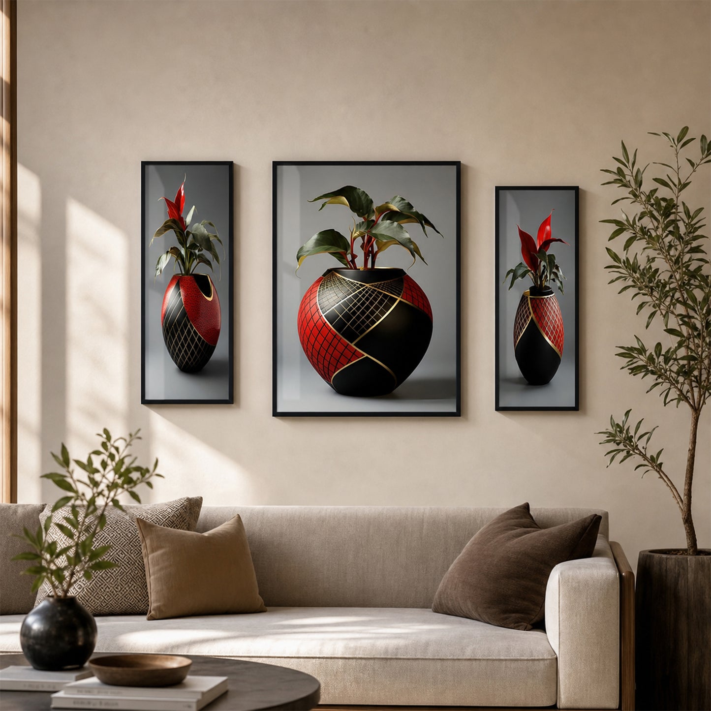 Wukusy floral art wall frame with 3-panel MDF design, 16.5x12 inches, decorative home decor floral artwork on a wall.