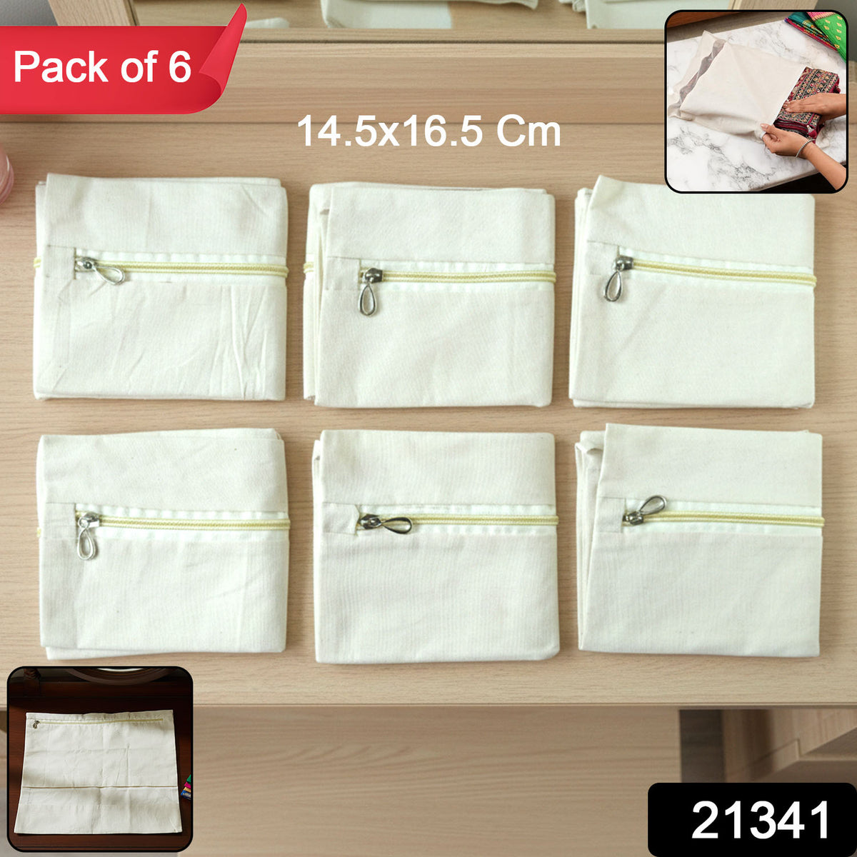 Six Wukusy zip closure saree storage bags, 14.5x16.5 cm, for safe and organized saree storage with easy zipper closure.
