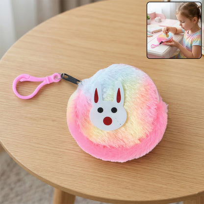 Wukusy cute bunny design rainbow fur mini coin purse with keychain, featuring colorful, fluffy bunny motif for adorable storage.