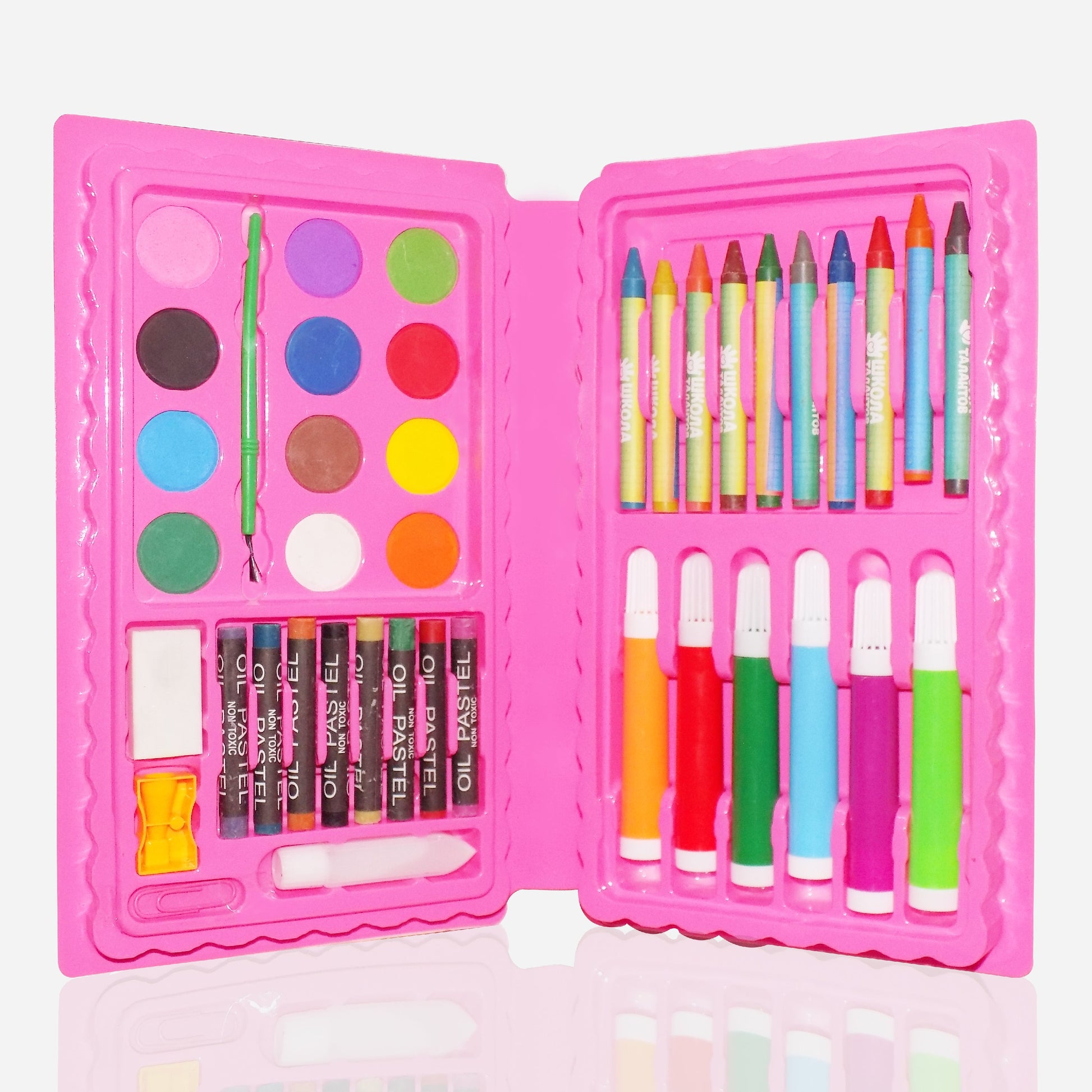 Wukusy 42-piece art and craft color kit with crayons, watercolors, and sketch pens arranged in a colorful assortment.