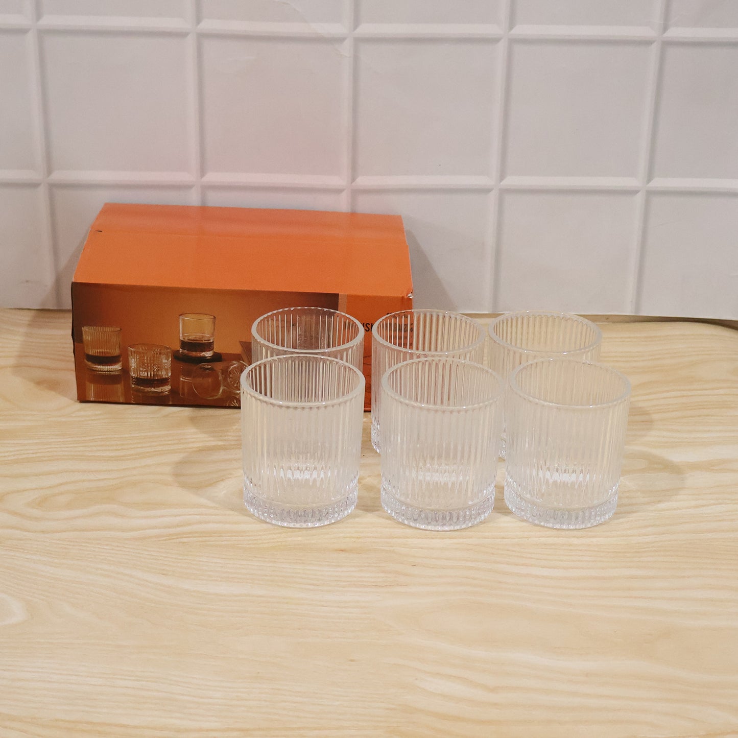 Set of six Wukusy premium crystal glass tumblers, 250 ml each, showcasing clear, elegant drinking glasses on a white background.