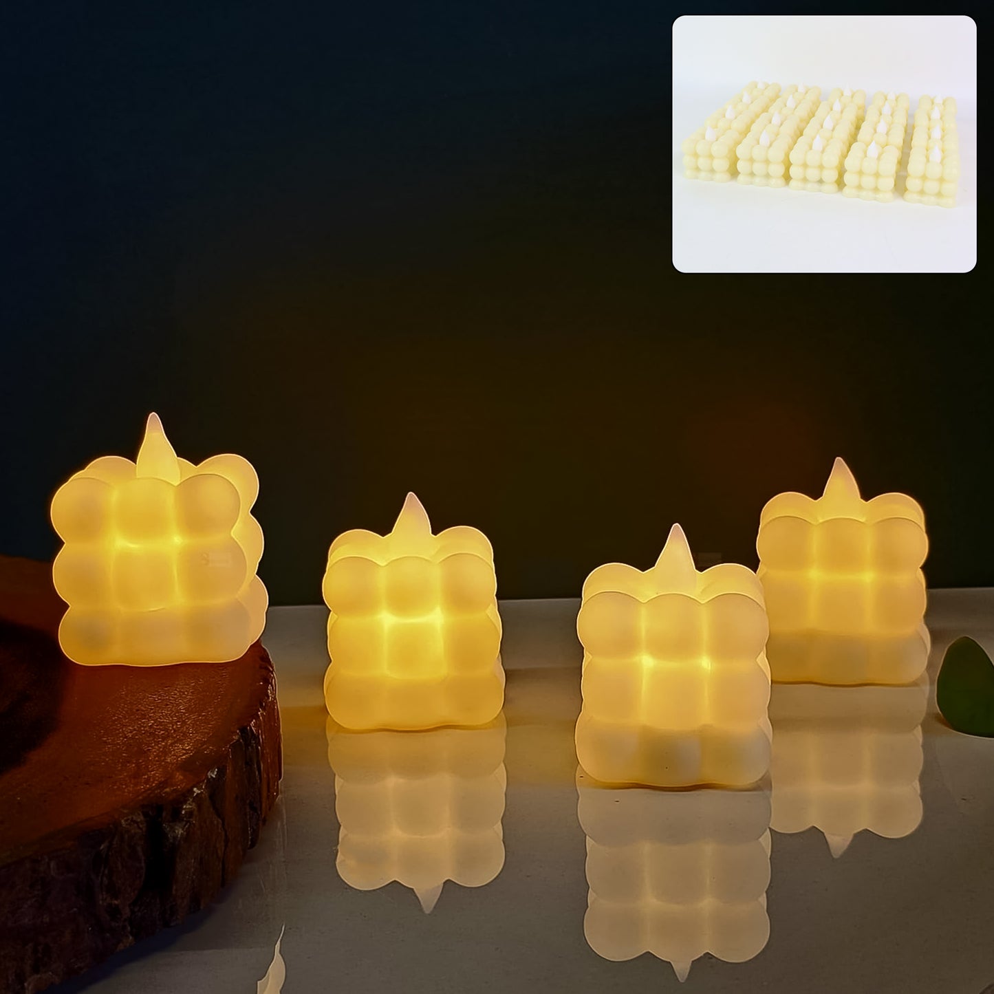 Set of six Wukusy LED flameless cube decorative candles for home decor, with a soft warm glow and realistic flickering effect.