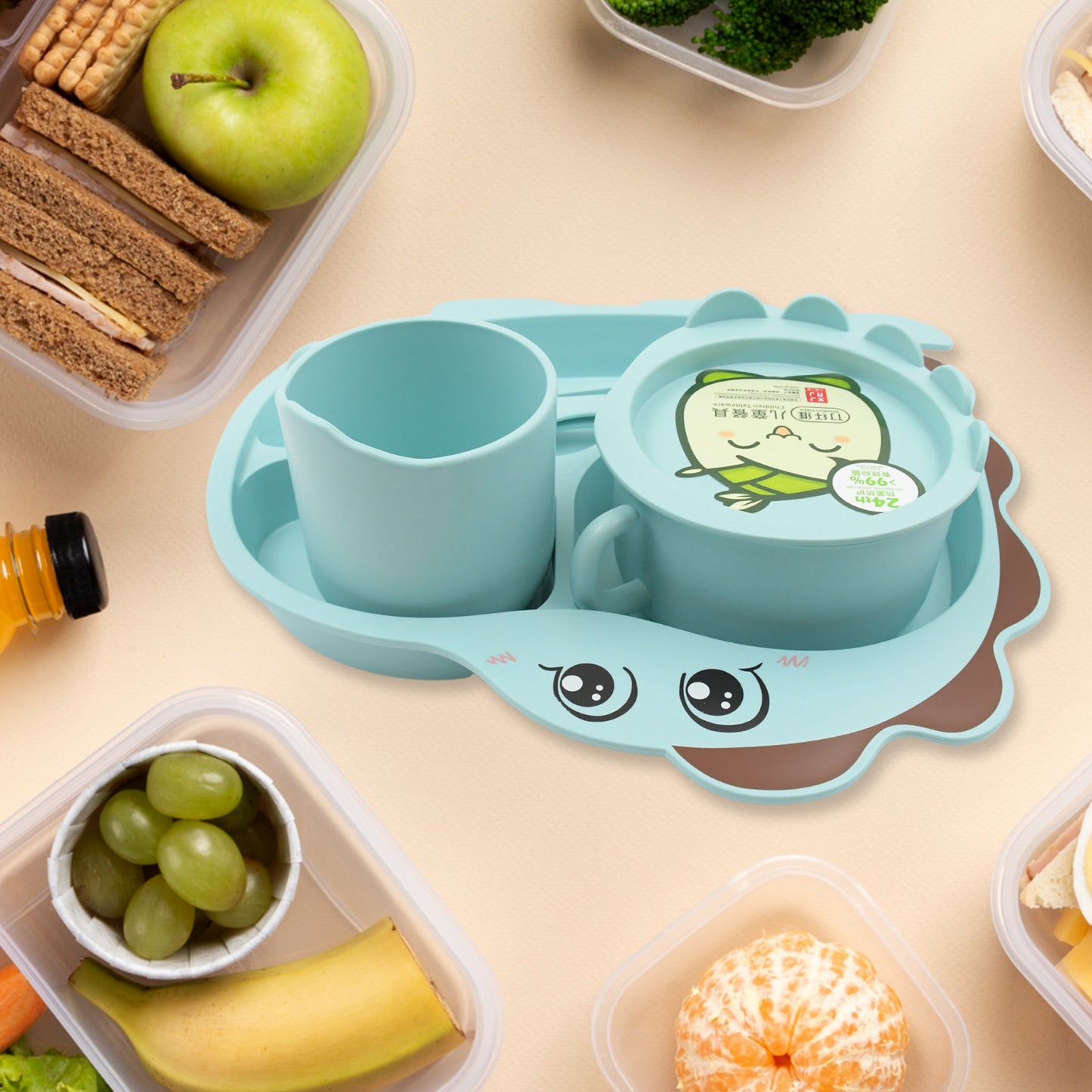 Wukusy bamboo fiber baby feeding set with cartoon design plates, cups, spoons, forks, chopsticks, microwave and dishwasher safe, 7 pcs