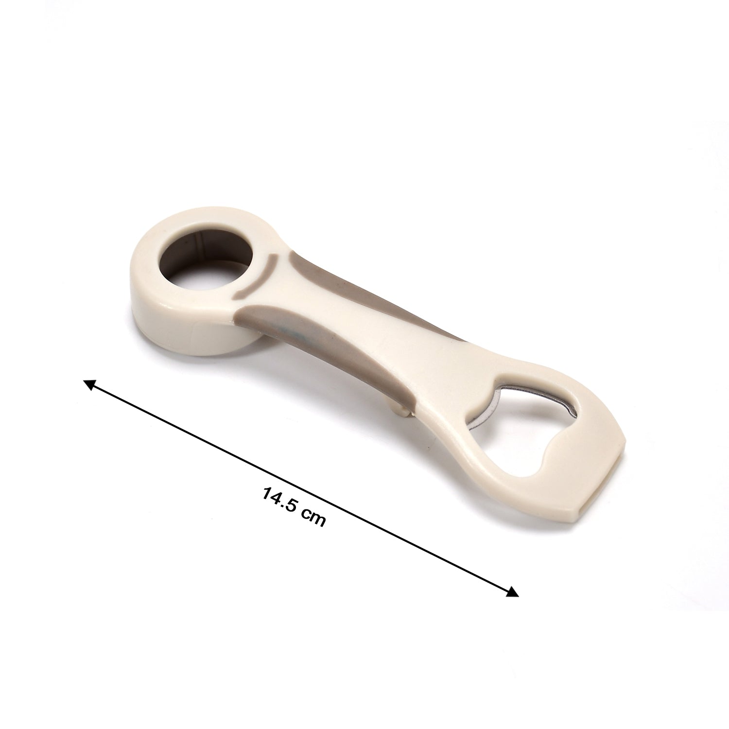 Wukusy 2530 stainless steel bottle opener, 15cm long, with a sleek metallic finish and ergonomic design for easy opening.
