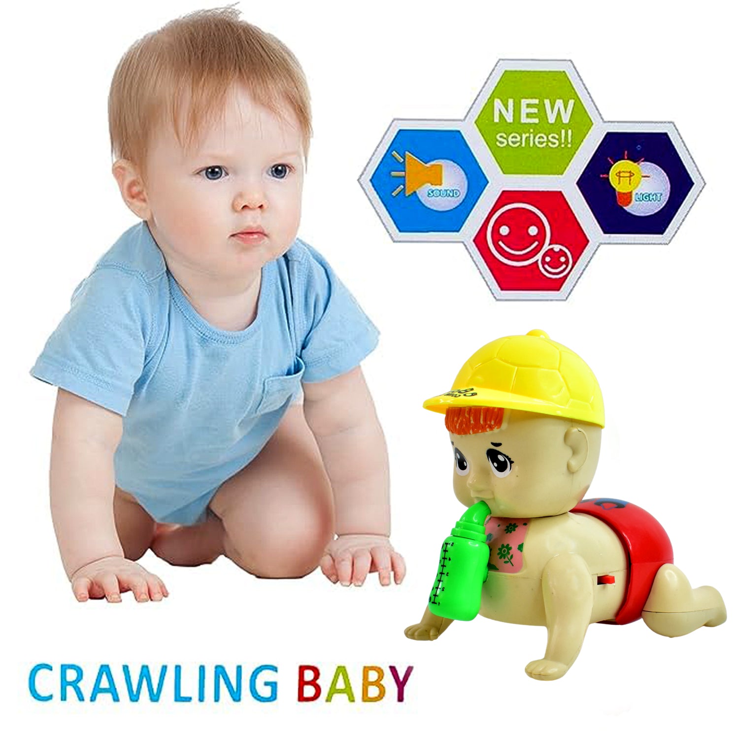 Battery operated crawling baby toy with music from Wukusy, featuring colorful design and moving parts for interactive play.