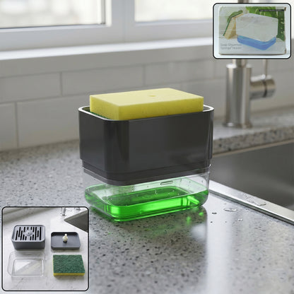 Wukusy soap dispenser with sponge holder set, stainless steel finish, mounted on a kitchen sink countertop.