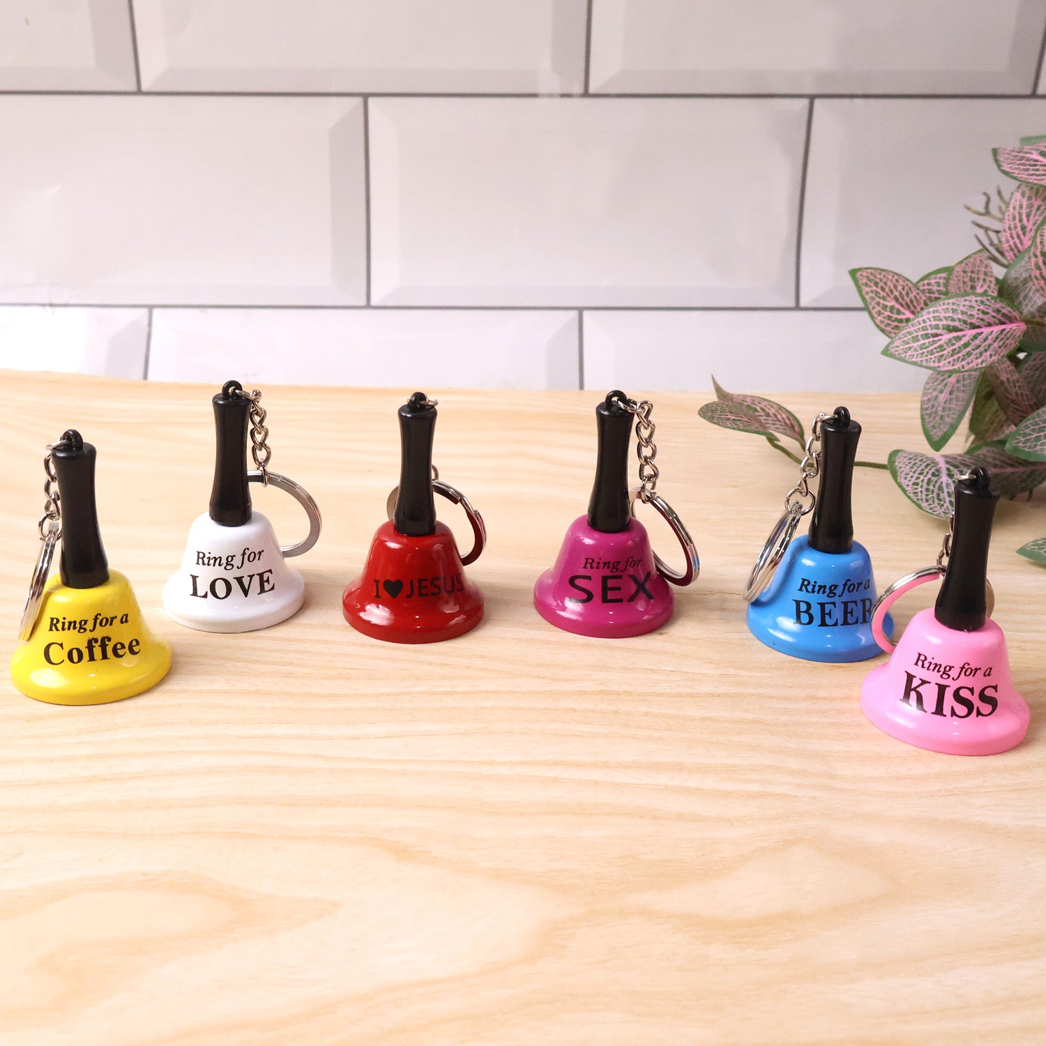 Wukusy mini hand bell with keychain, small metal bell with attached keyring, perfect for keys or decorative use