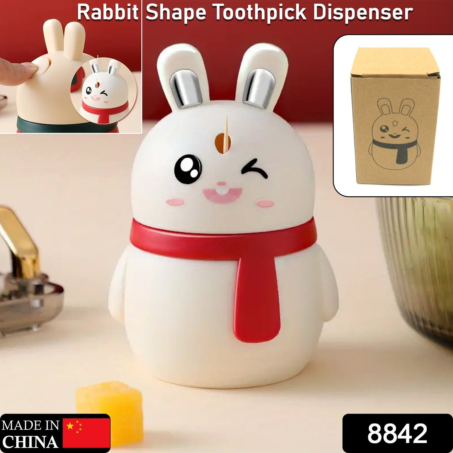 Red rabbit-shaped toothpick dispenser by Wukusy, small durable home decor accessory for kitchen or dining table organization.