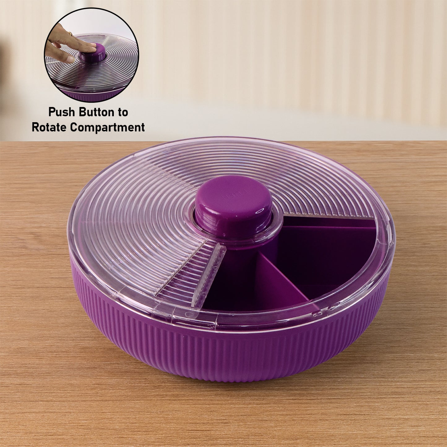 Wukusy Supermom multipurpose round rotating dry fruit snack storage container with lids, kitchen organization for dry foods.