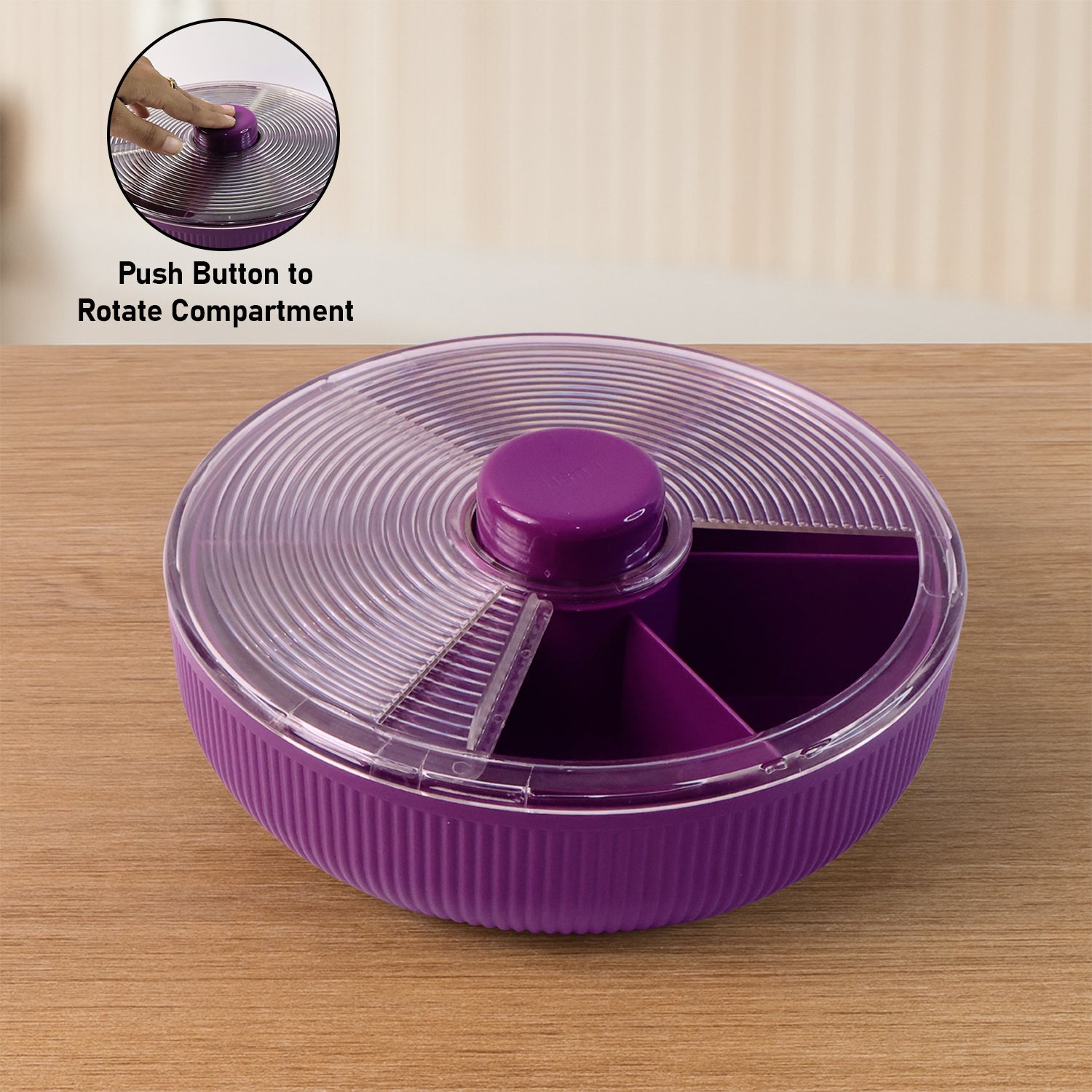 Wukusy Supermom multipurpose round rotating dry fruit snack storage container with lids, kitchen organization for dry foods.