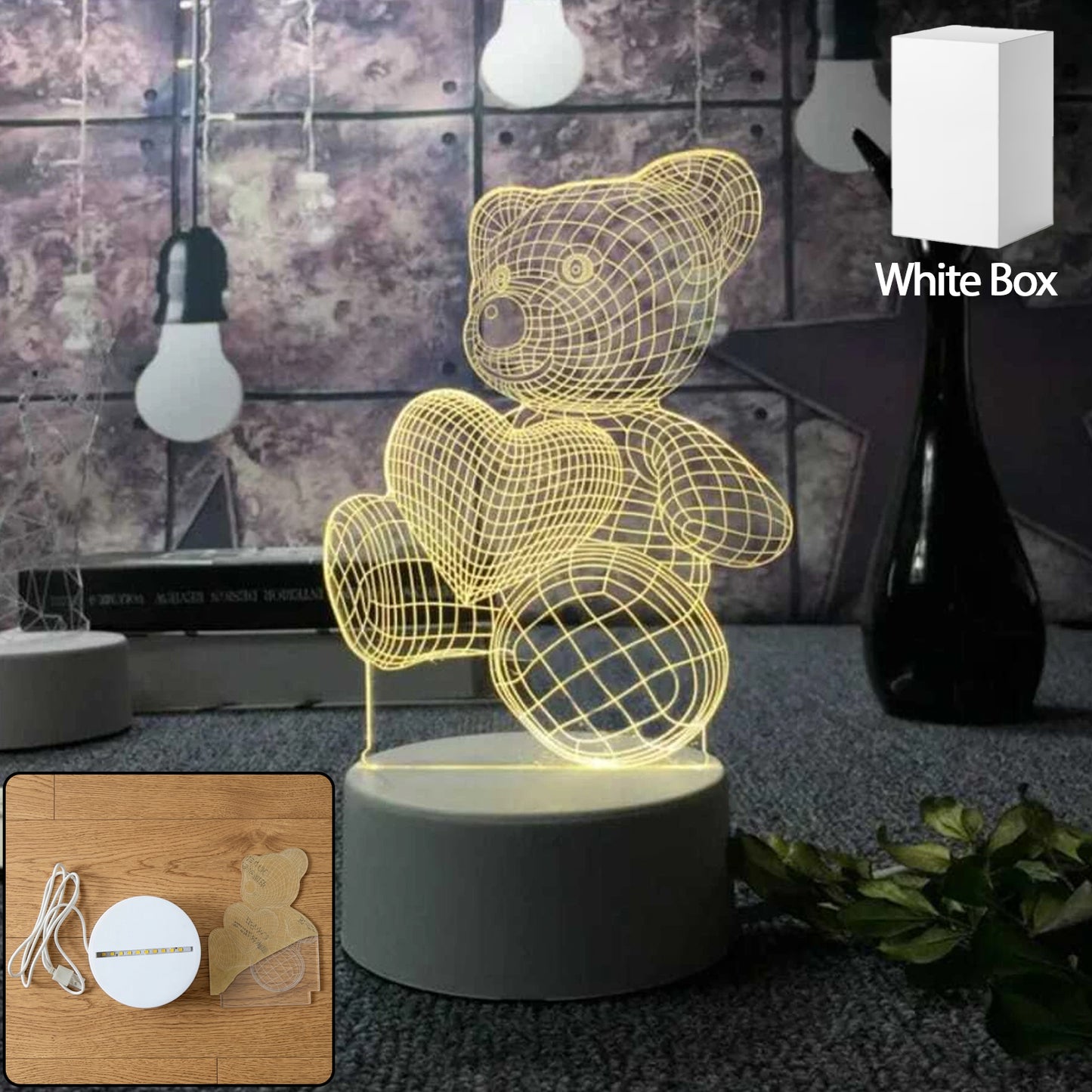 Wukusy 3D teddy bear LED night lamp with heart design, soft glow, and adorable plush bear shape for cozy nighttime lighting.